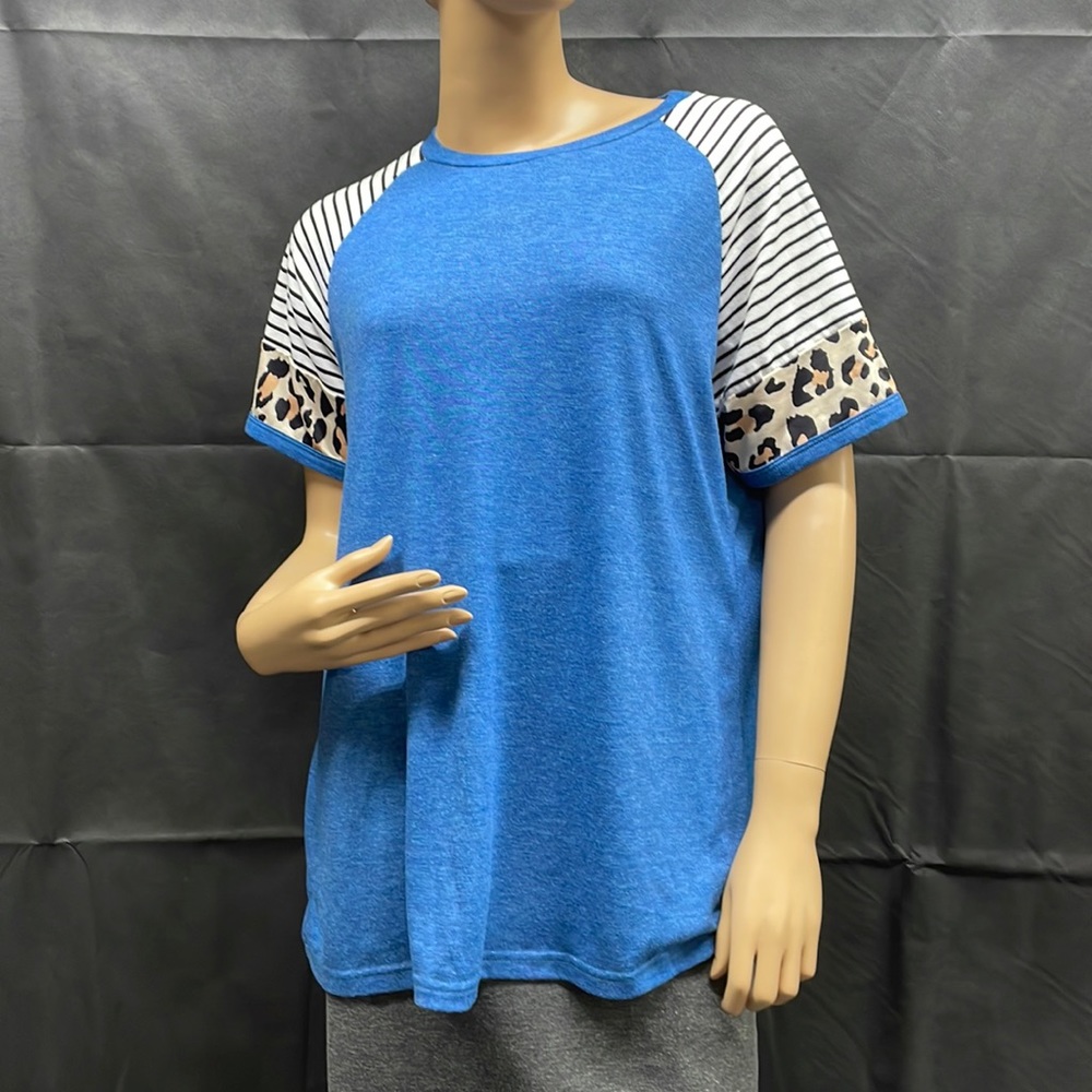 Blue With Stripes & Leopard Print Short SleeveTee Shirt